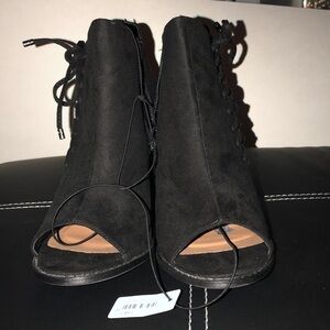 Chunky black suede heels w/ side tie